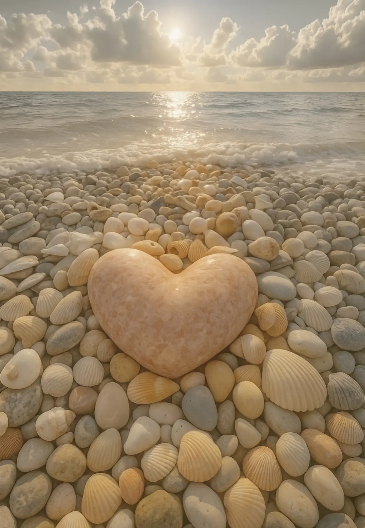 Heart-shaped stone on the beach at sunset, surrounded by pebbles and with the water and sky in the background