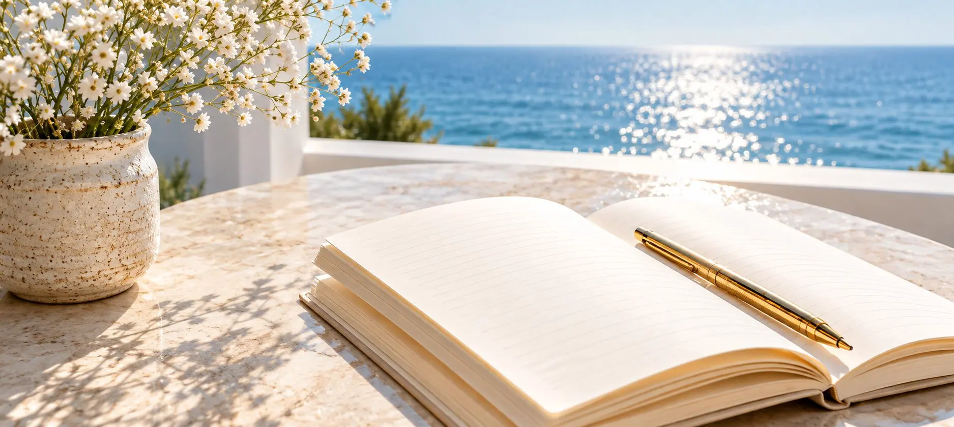 Open notebook and pen by the ocean.