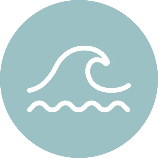 Stylized wave icon on a circular background.